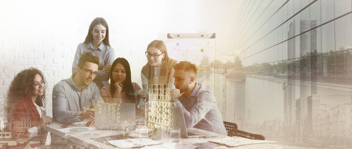 Double Exposure of Colleagues at Business Meeting and Modern City. Concept of Business Consulting